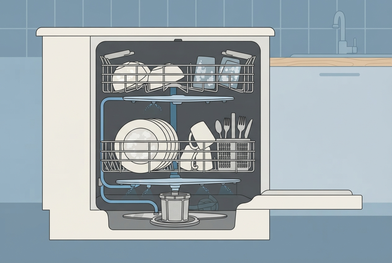 Illustrated diagram of a dishwasher showing spray arms, filter, and hard-water residue film on dishes