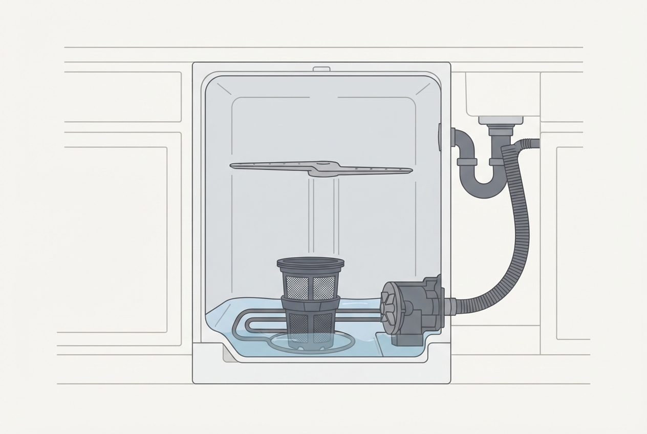Illustrated diagram of a dishwasher showing standing water, the drain filter, drain hose, and drain pump