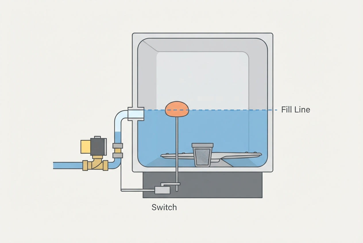 Illustrated diagram of a dishwasher showing the water inlet valve, float switch, and fill line