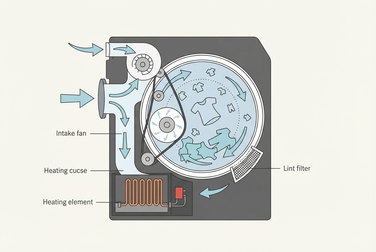 Illustrated diagram of a clothes dryer showing the heating element, thermal fuse, and airflow path