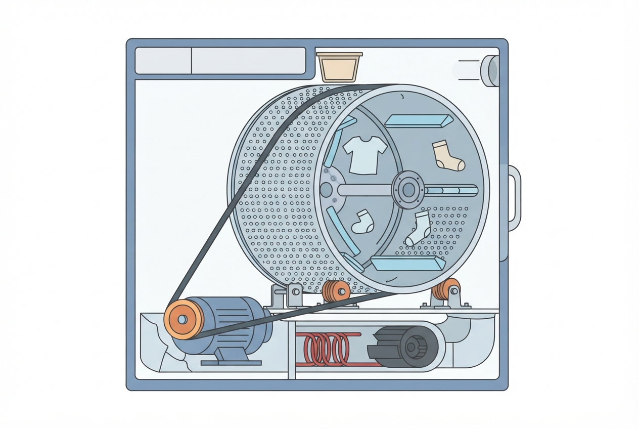 Illustrated diagram of a clothes dryer showing the drum, support rollers, and drive belt
