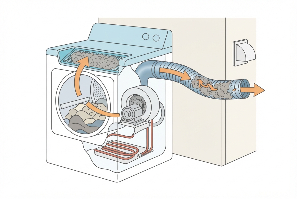 Illustrated diagram of a clothes dryer showing a clogged lint trap and blocked exhaust vent duct