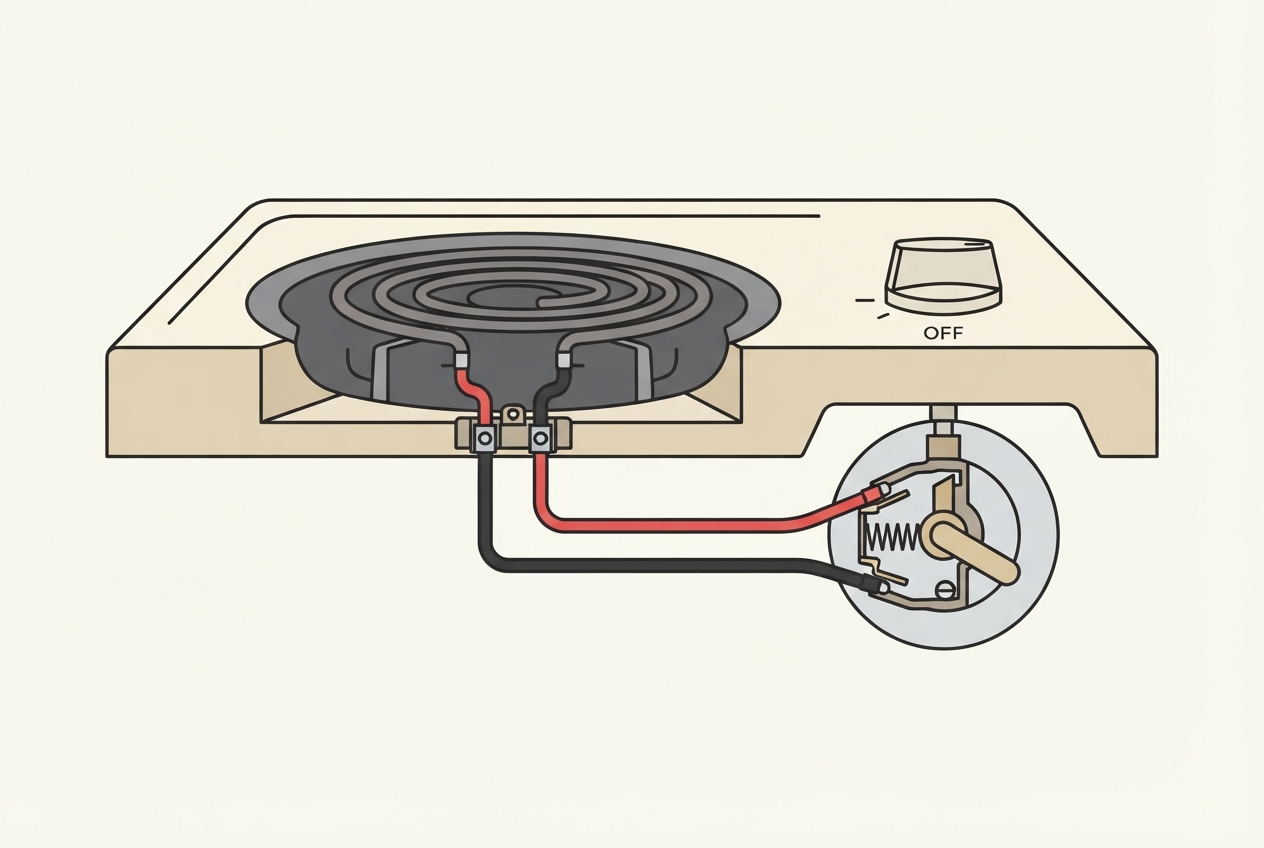 Illustrated diagram of an electric stove burner coil, wiring terminal, and control switch