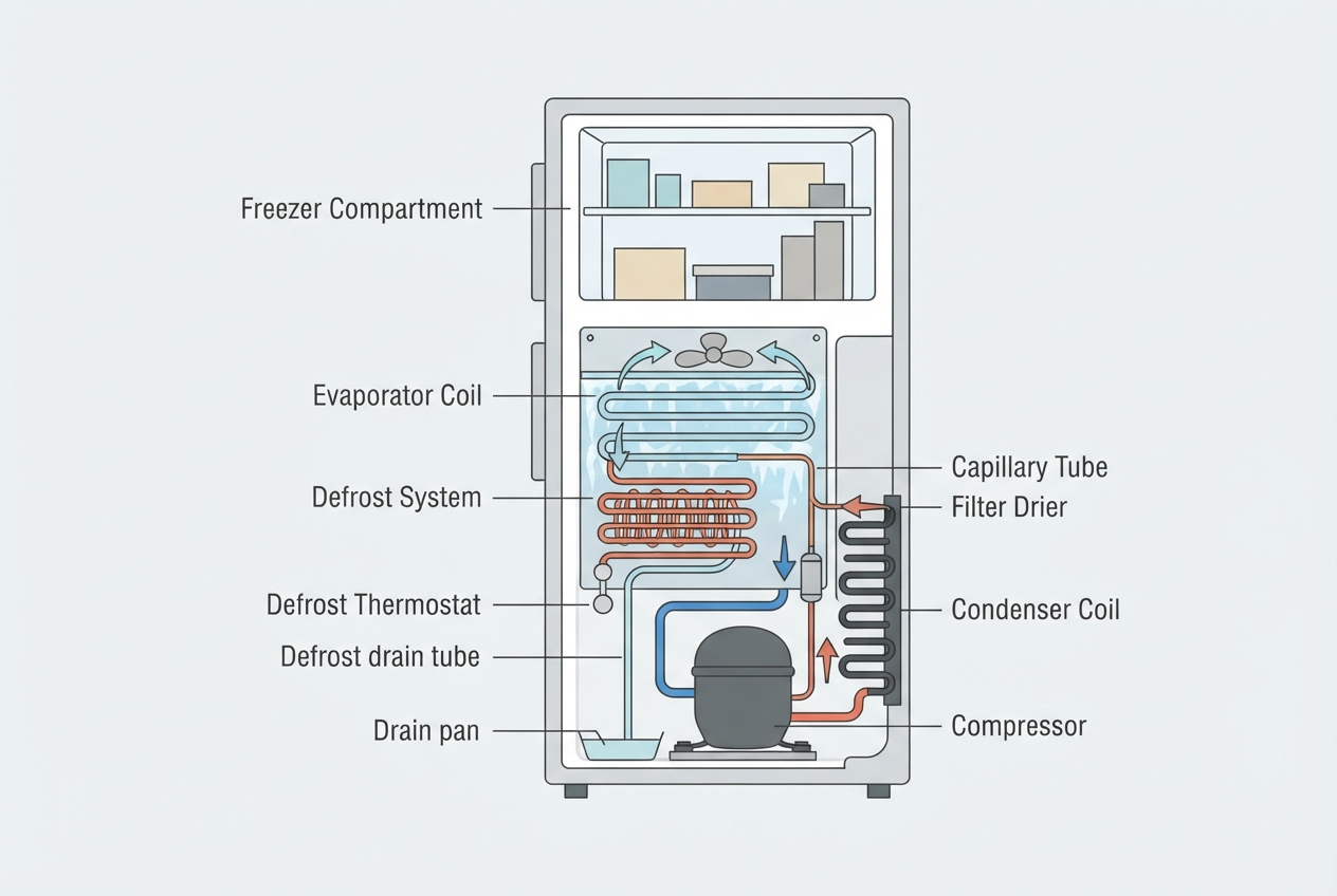Illustrated diagram of a freezer showing the evaporator coil, condenser coil, compressor, and defrost system