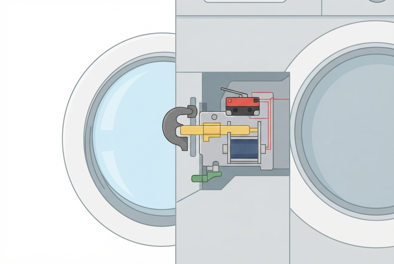 Illustrated diagram of a front-load washer door lock mechanism and interlock switch