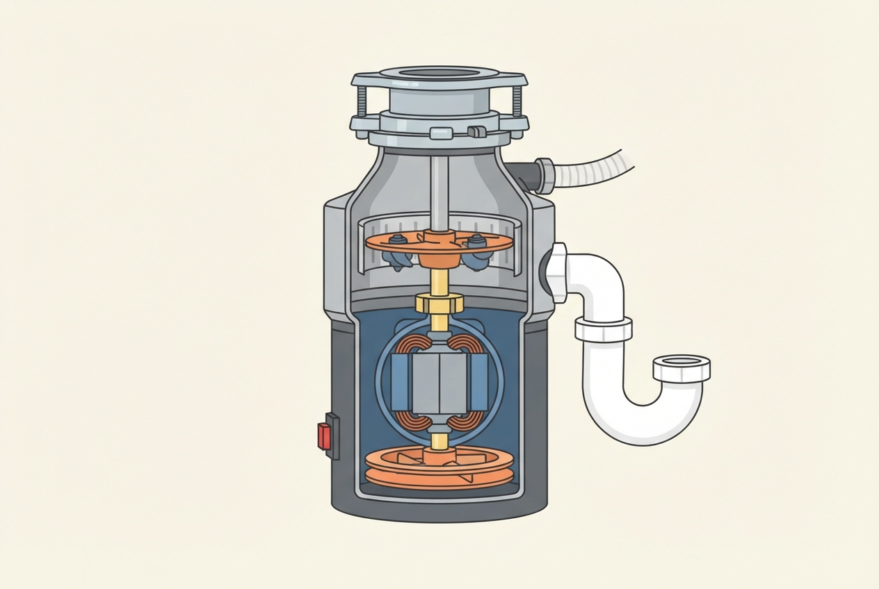 Illustrated diagram of an under-sink garbage disposal showing the flywheel, motor, and reset button