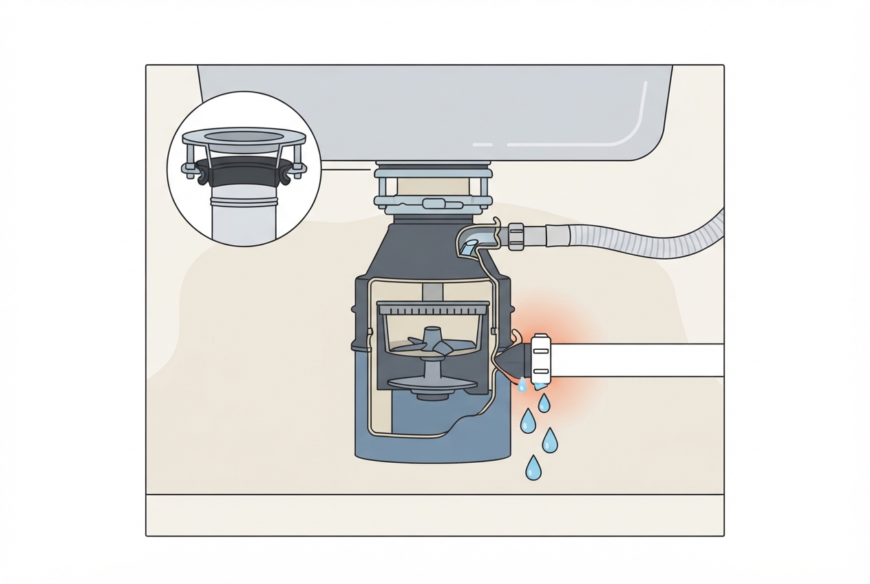 Illustrated diagram of an under-sink garbage disposal showing the sink flange gasket, dishwasher inlet, and discharge pipe leak point