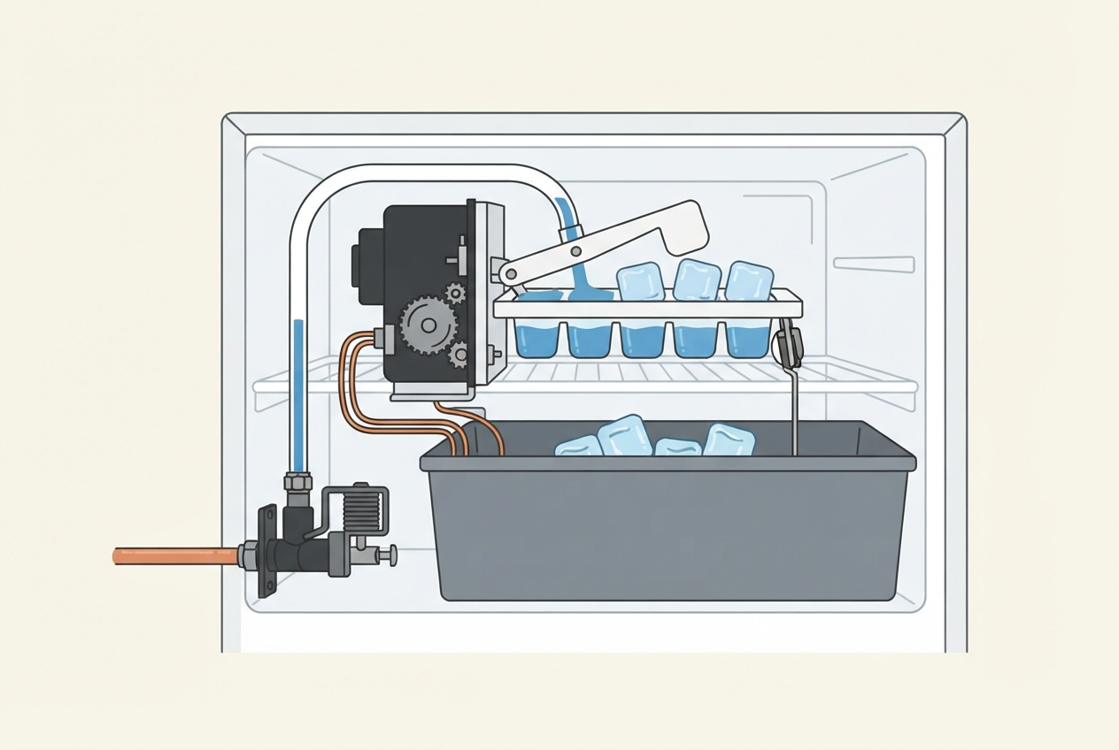 Illustrated diagram of a refrigerator ice maker showing the water inlet valve, fill tube, and ice mold assembly