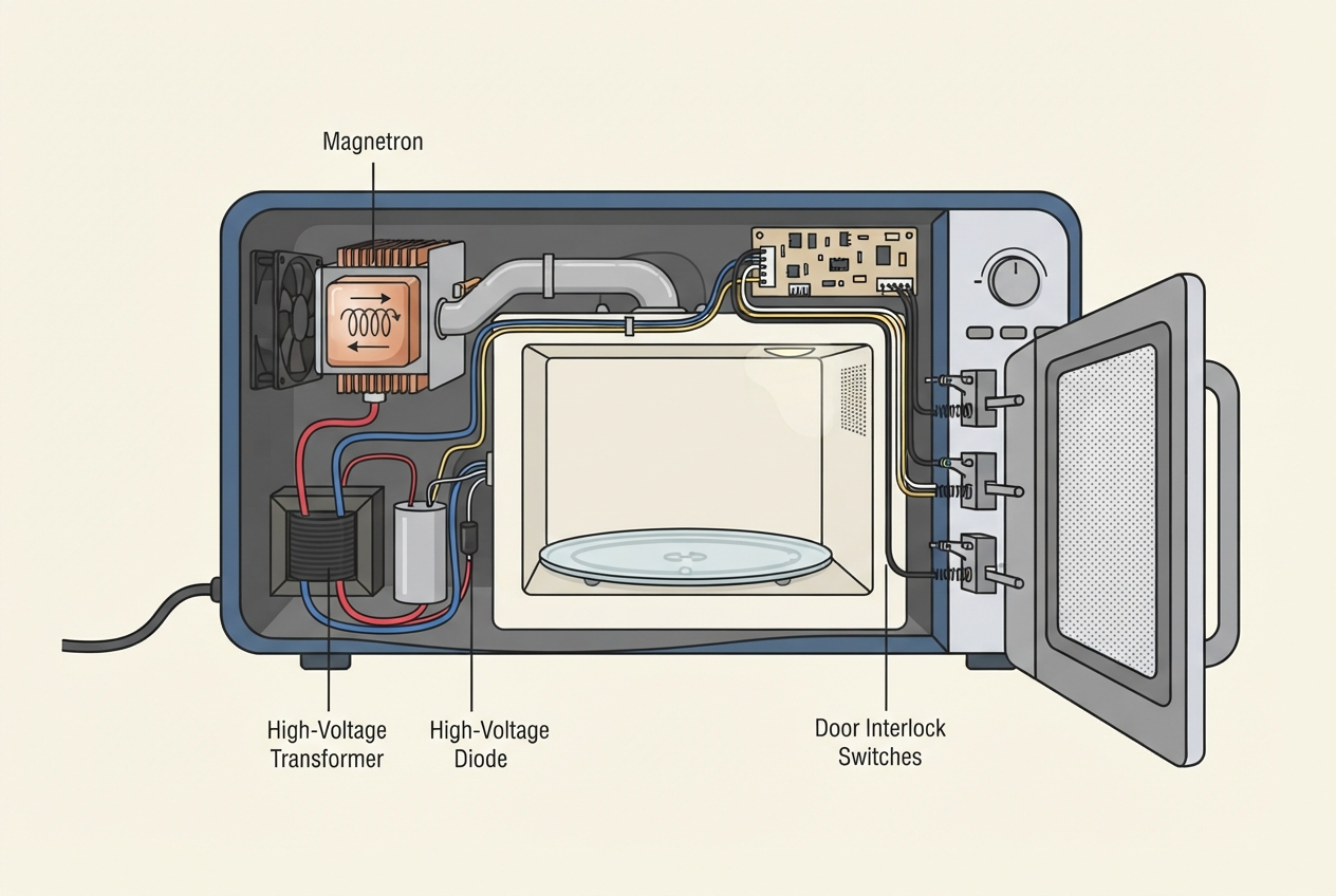 Illustrated diagram of a microwave showing the magnetron, high-voltage capacitor, and door interlock switches