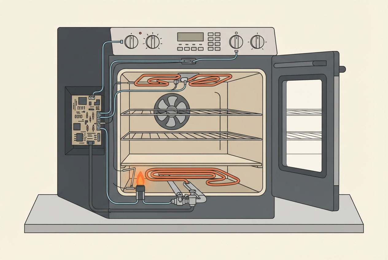 Illustrated diagram of an oven showing the bake heating element, igniter, and control board