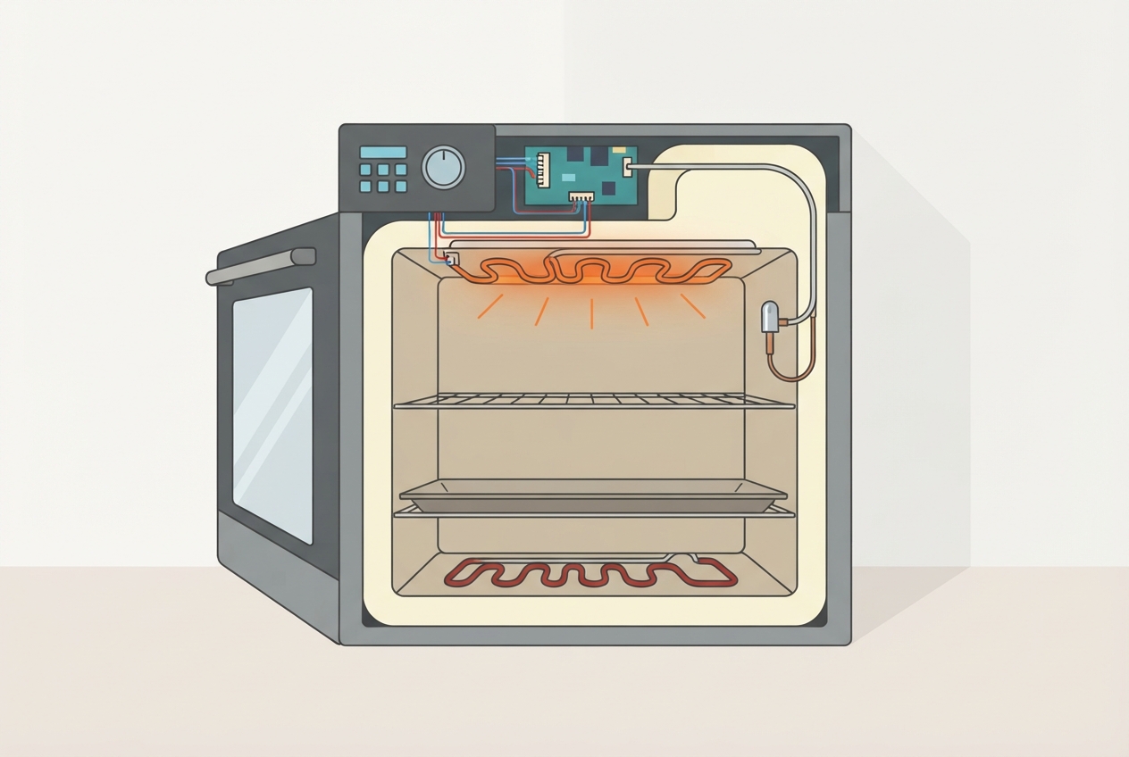 Illustrated diagram of an oven showing the temperature sensor probe and control board