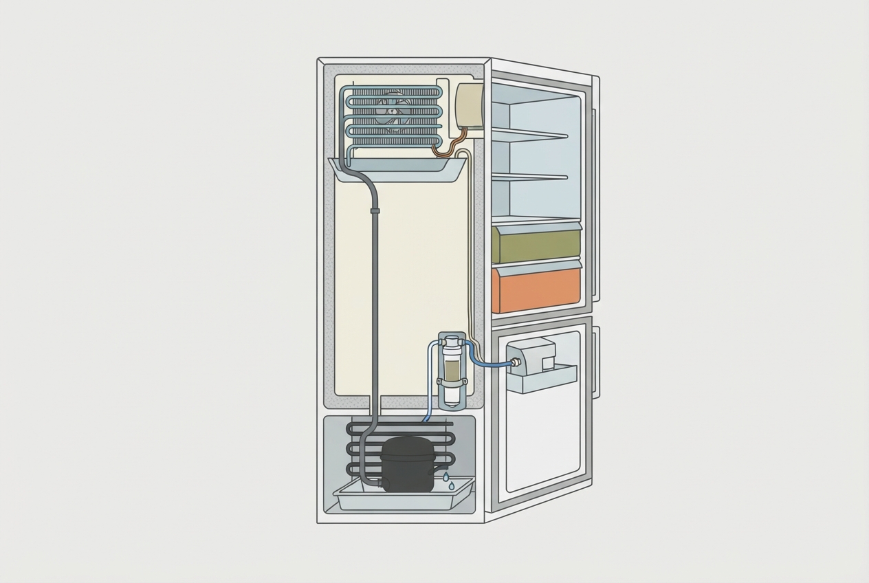 Illustrated diagram of a refrigerator showing the defrost drain tube, drain pan, and water filter housing