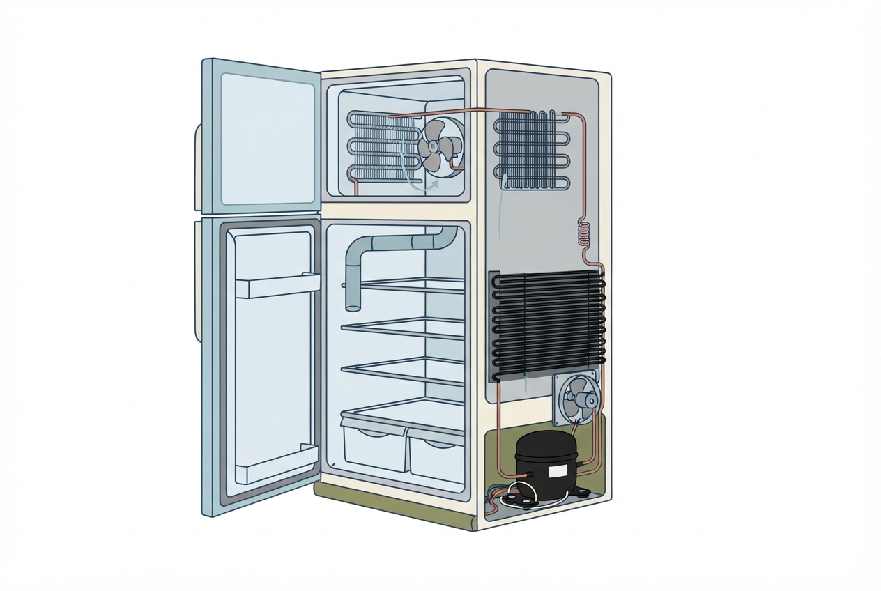 Illustrated diagram of a refrigerator showing the compressor, condenser coils, and fans