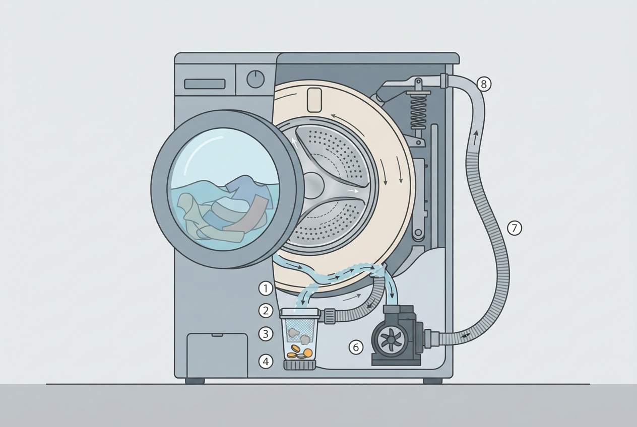 Illustrated diagram of a washing machine showing the drain pump, drain hose, and coin trap filter