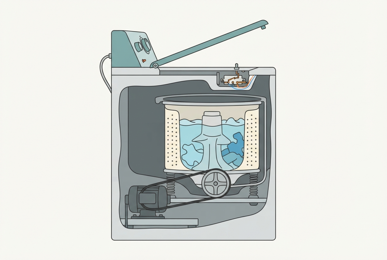 Illustrated diagram of a washing machine showing the drive belt, motor, and lid switch