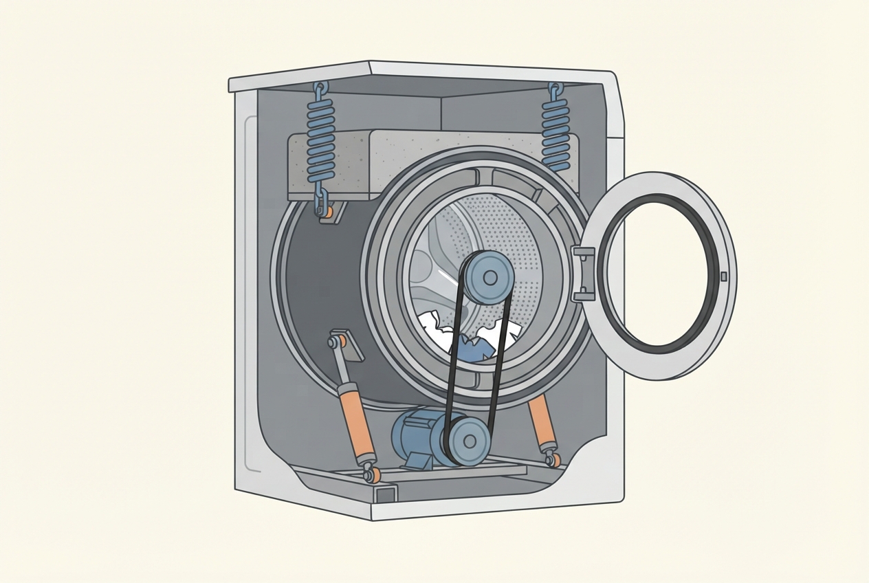 Illustrated diagram of a washing machine showing suspension springs, shock absorbers, and drum balance ring