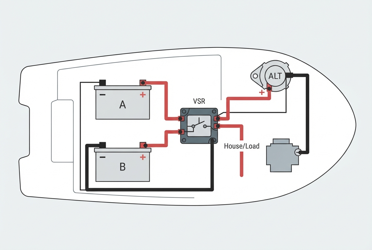 Illustrated schematic diagram of a marine dual 12V battery wiring setup with a battery isolator