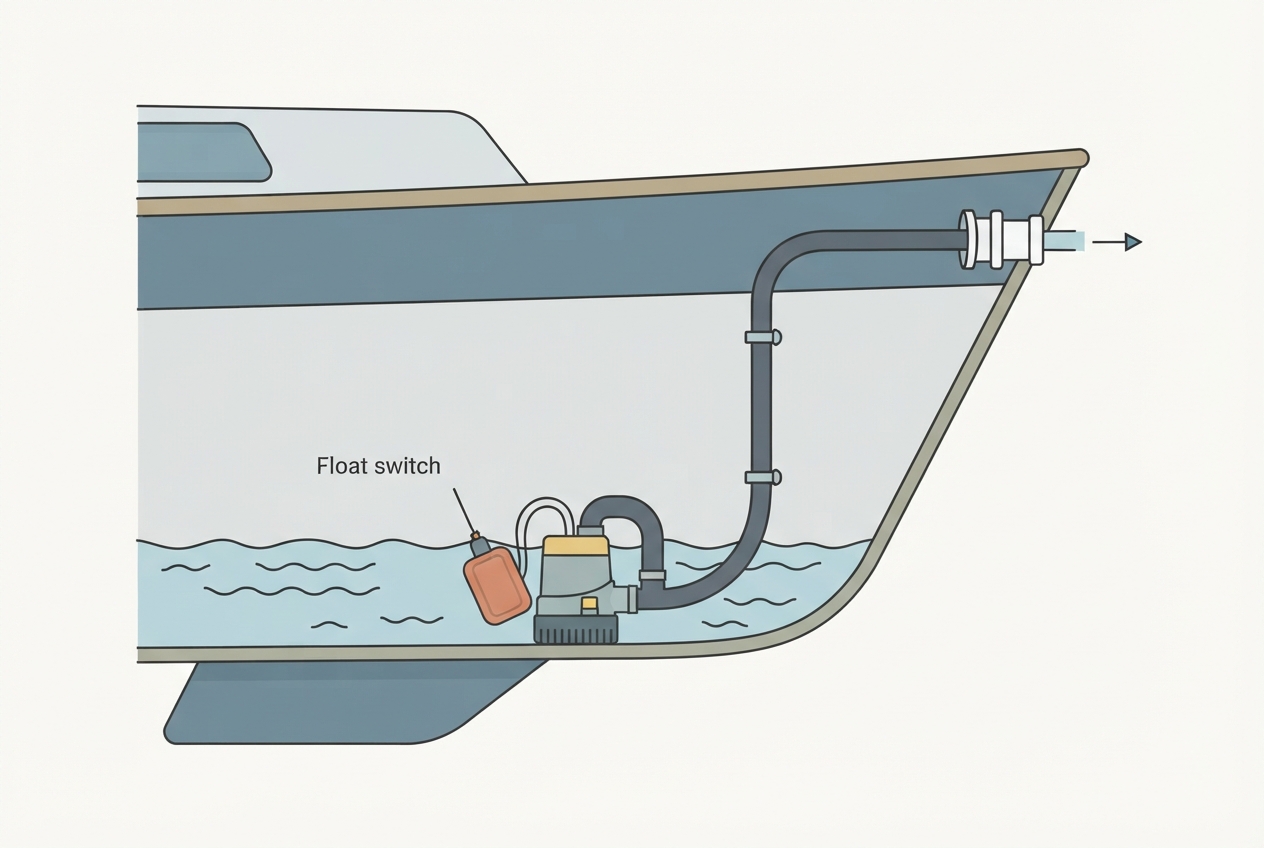 Illustrated diagram of a boat bilge showing a bilge pump, float switch, and discharge hose fitting