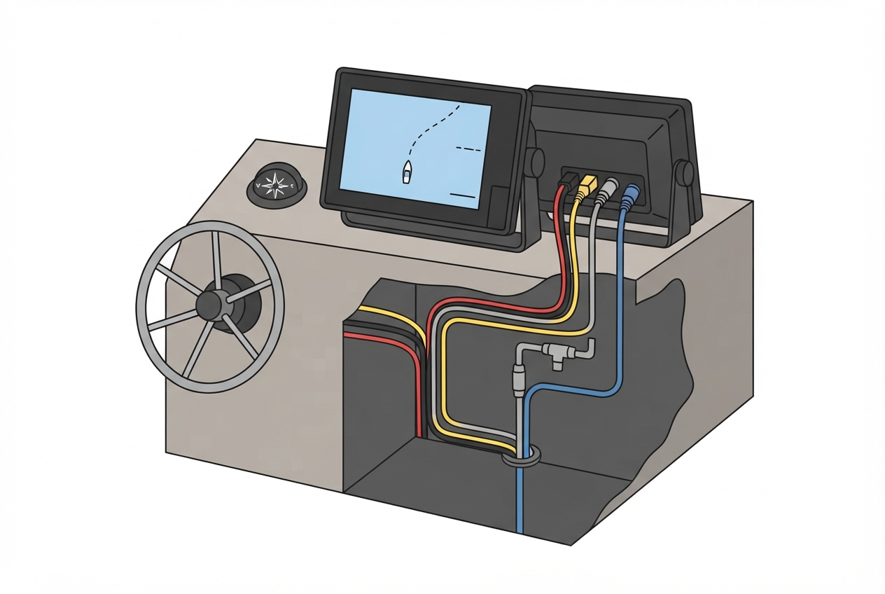 Illustrated diagram of a marine chartplotter mounted on a boat helm dashboard with cable connections