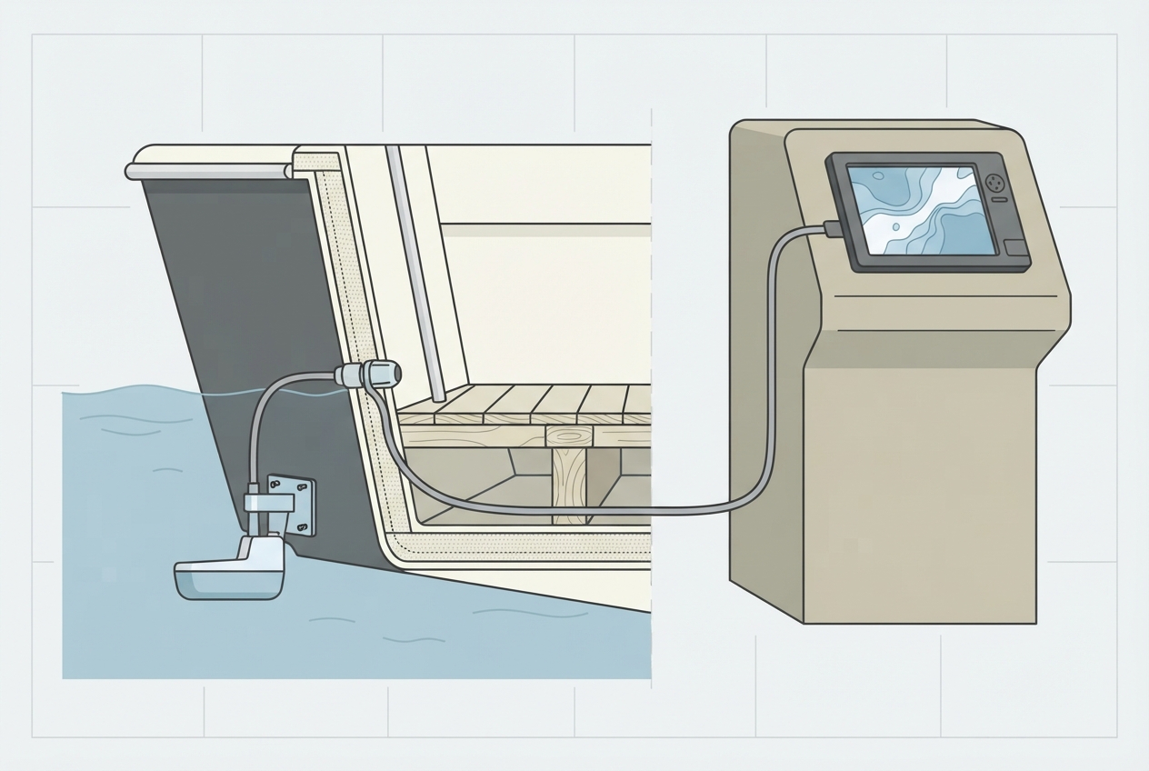 Illustrated diagram of a boat transom showing a transducer mount and cable to the helm chartplotter