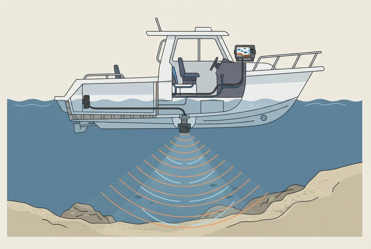 Illustrated diagram of a boat hull with a transducer mounted through the hull and sonar signal waves