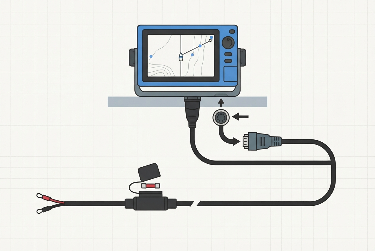 Illustrated diagram of a marine chartplotter showing the power cable, fuse, and display connections
