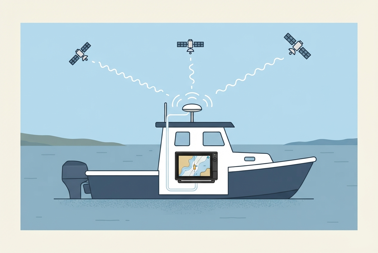 Illustrated diagram of a marine chartplotter with a GPS antenna and satellite signal lines