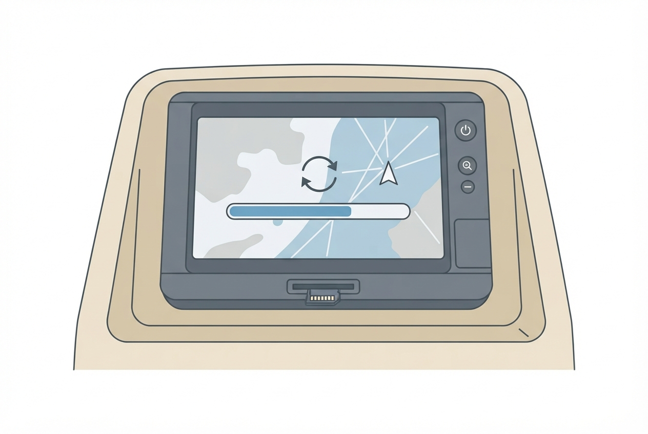 Illustrated diagram of a marine chartplotter touchscreen showing a software update progress bar and SD card slot