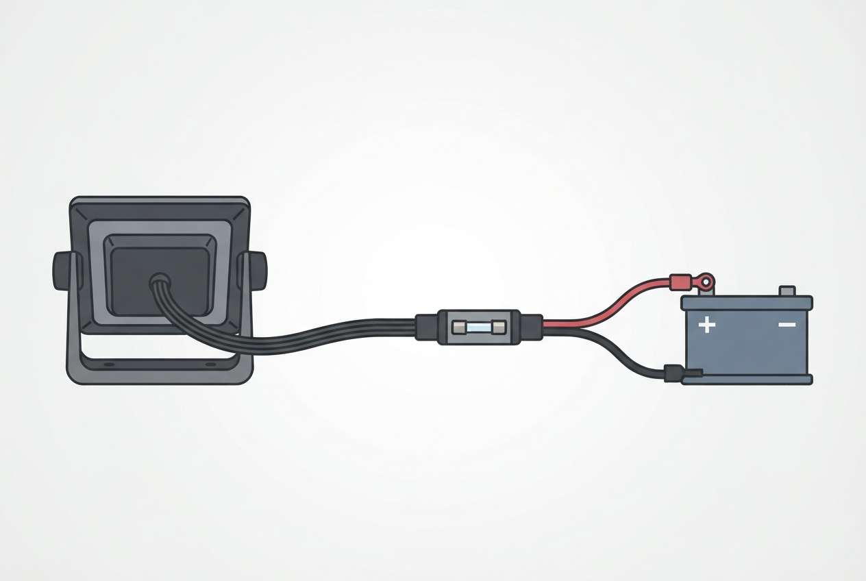 Illustrated diagram of a marine chartplotter power cable, inline fuse, and battery connection