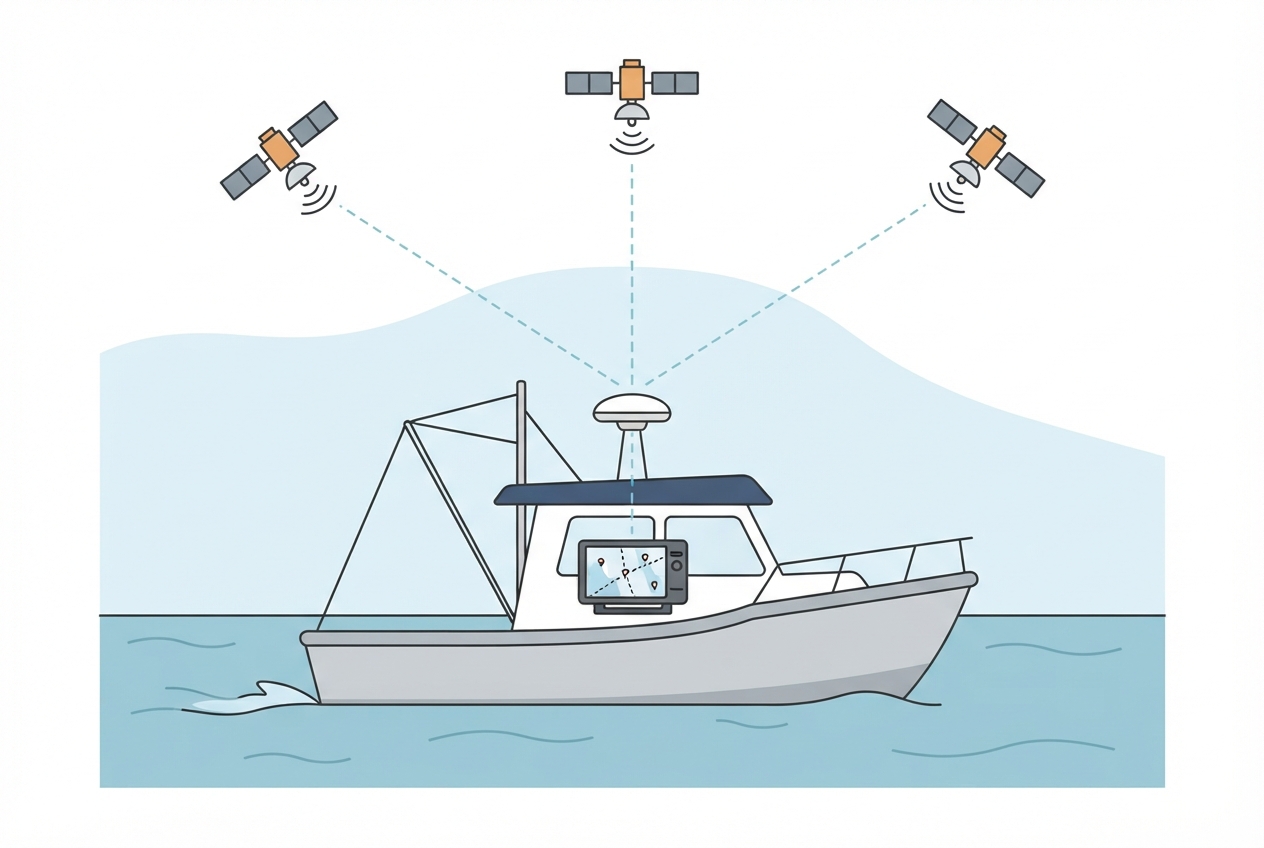 Illustrated diagram of a marine chartplotter with a GPS antenna and satellite signal lines