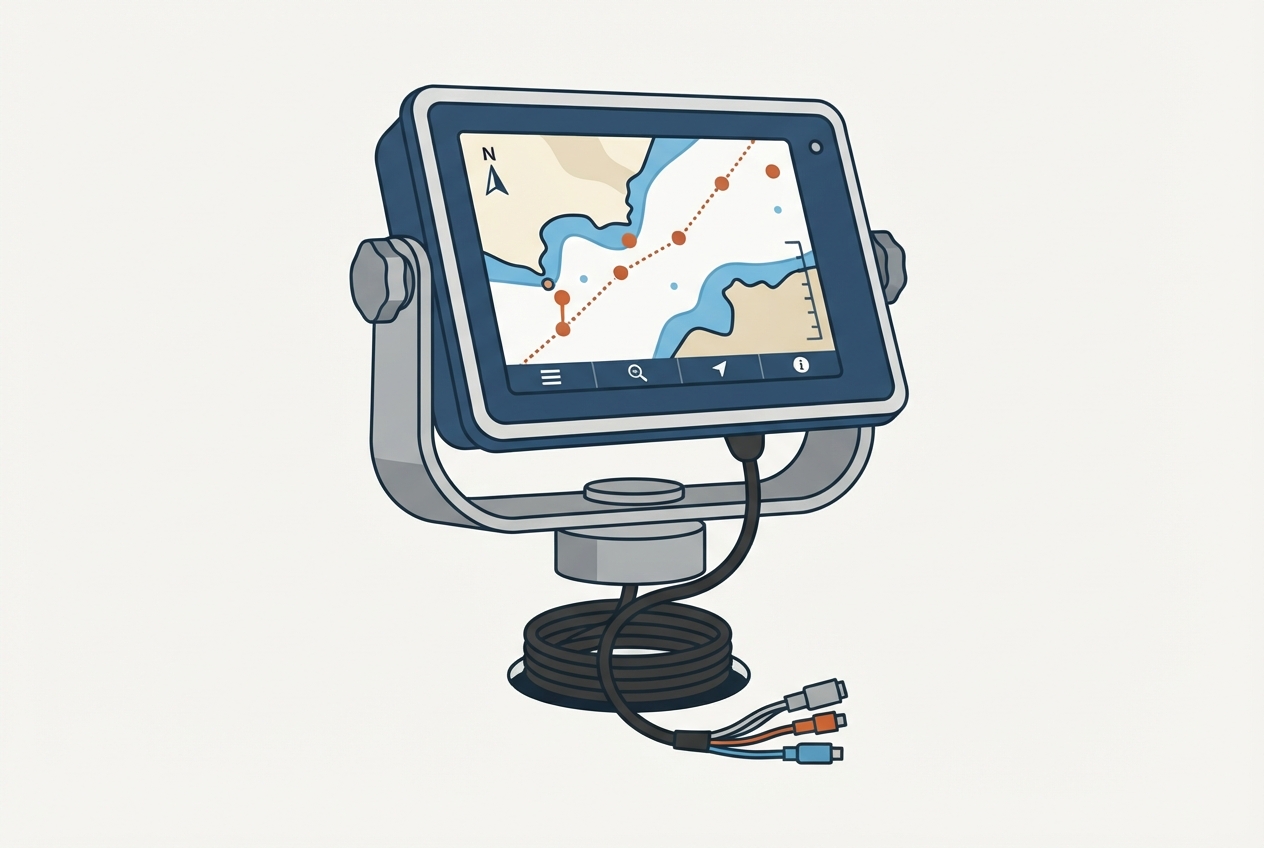 Illustrated diagram of a marine touchscreen chartplotter showing the screen, mounting bracket, and data cable