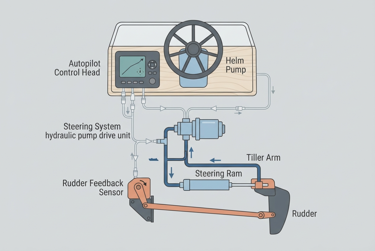 Illustrated schematic diagram of a boat autopilot control head, drive unit, and rudder feedback sensor
