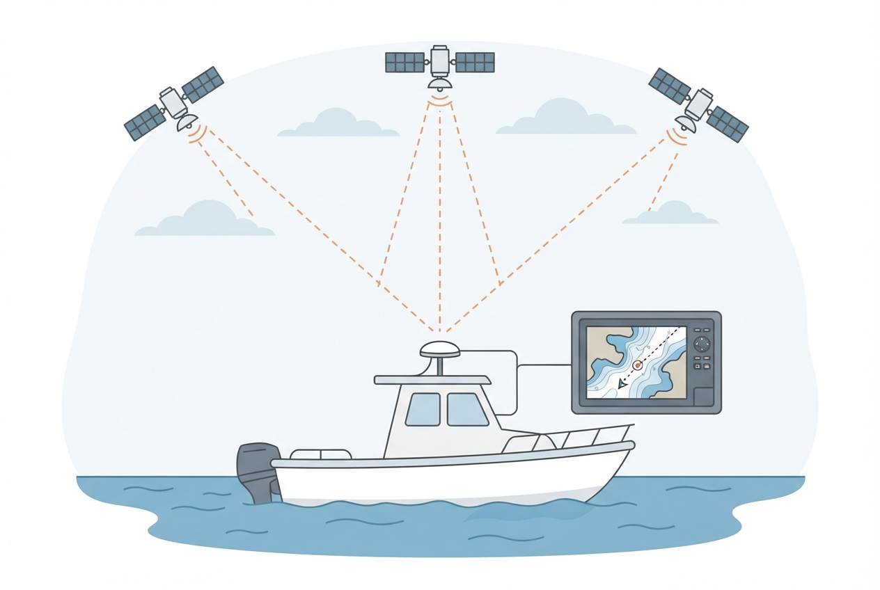 Illustrated diagram of a marine chartplotter with a GPS antenna and satellite signal lines