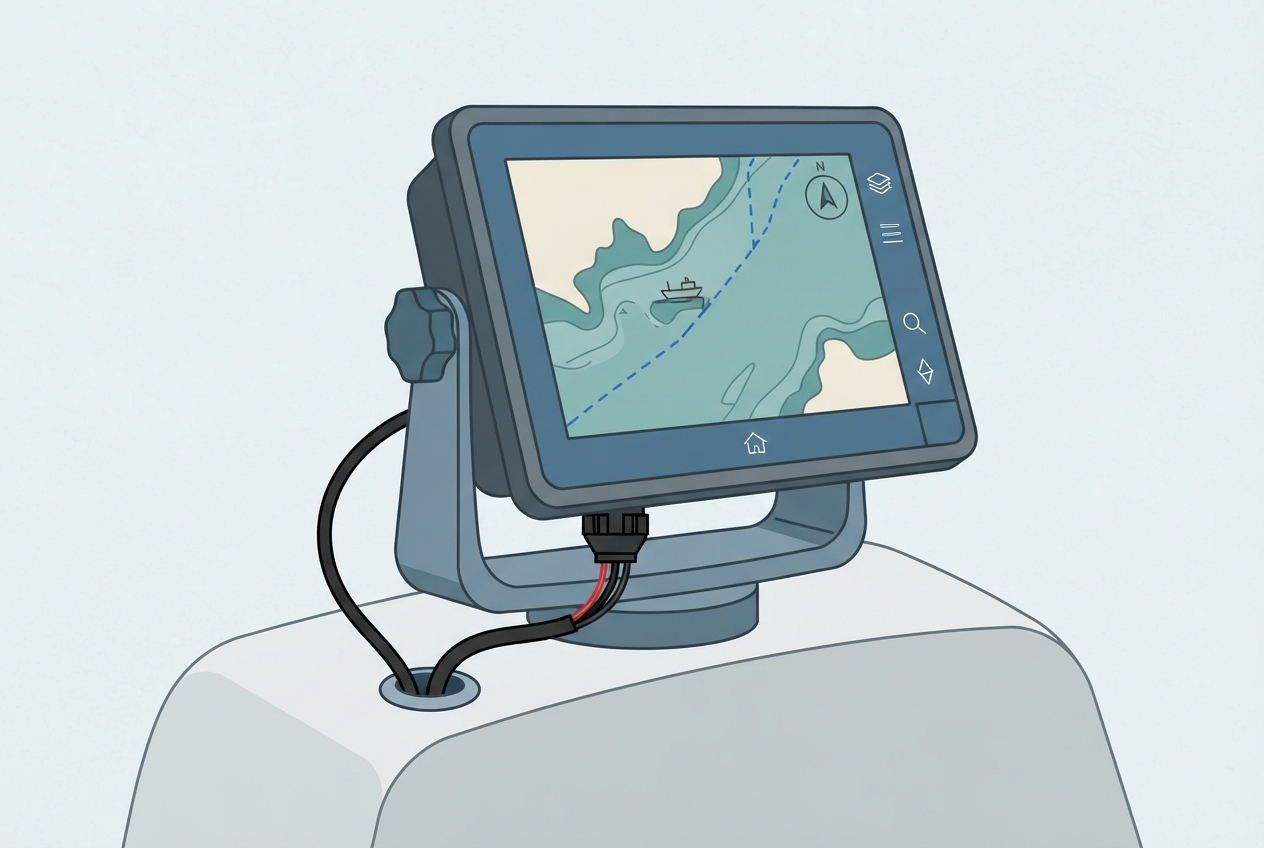 Illustrated diagram of a marine touchscreen chartplotter showing the screen, mounting bracket, and power connection