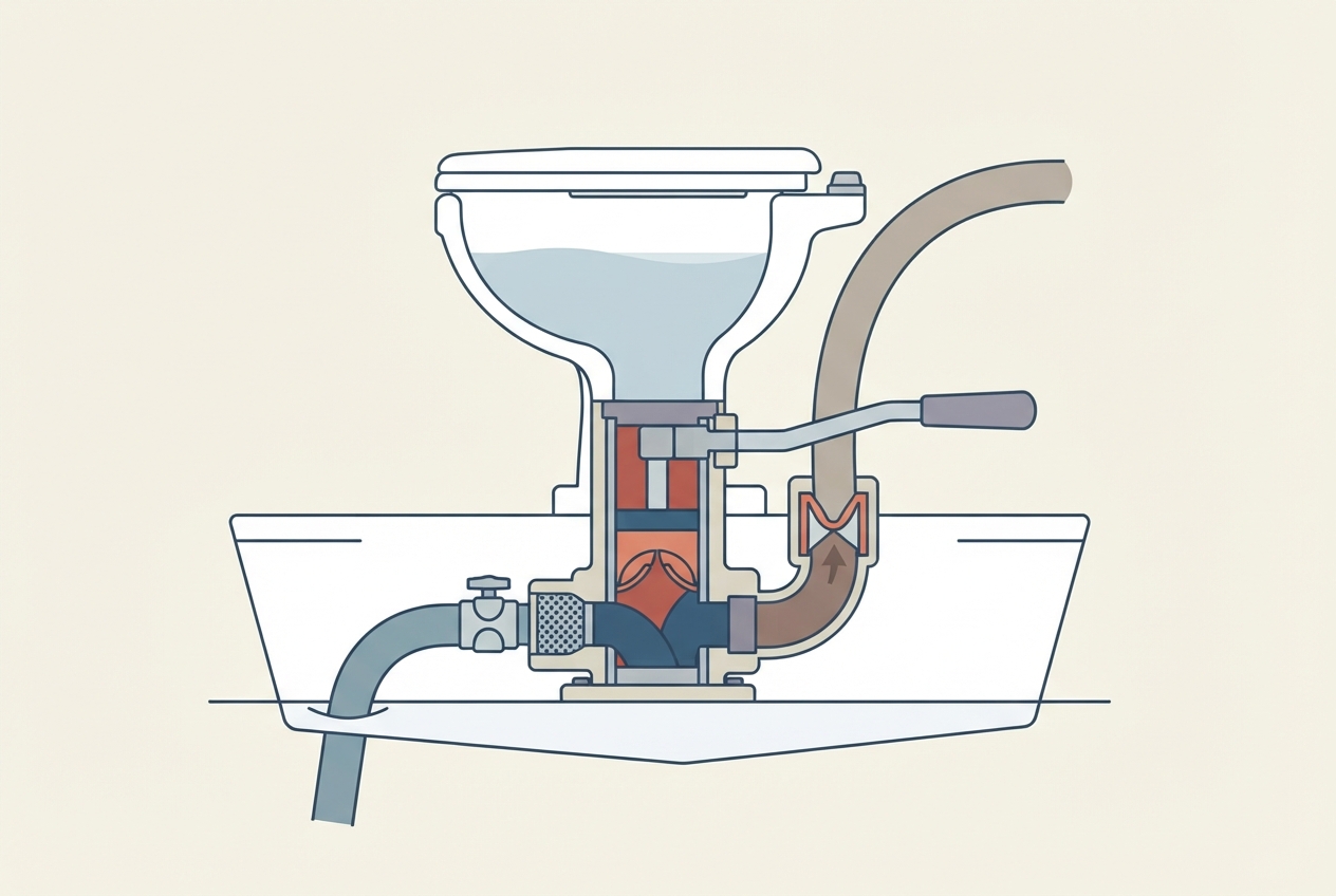 Illustrated diagram of a boat marine head showing the pump mechanism, joker valve, and hoses