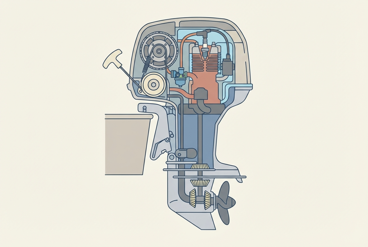 Illustrated diagram of an outboard motor showing the fuel line, spark plug, and pull-start mechanism
