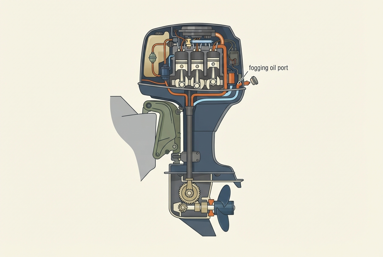 Illustrated diagram of an outboard motor fuel system, lower unit gear case, and fogging oil port