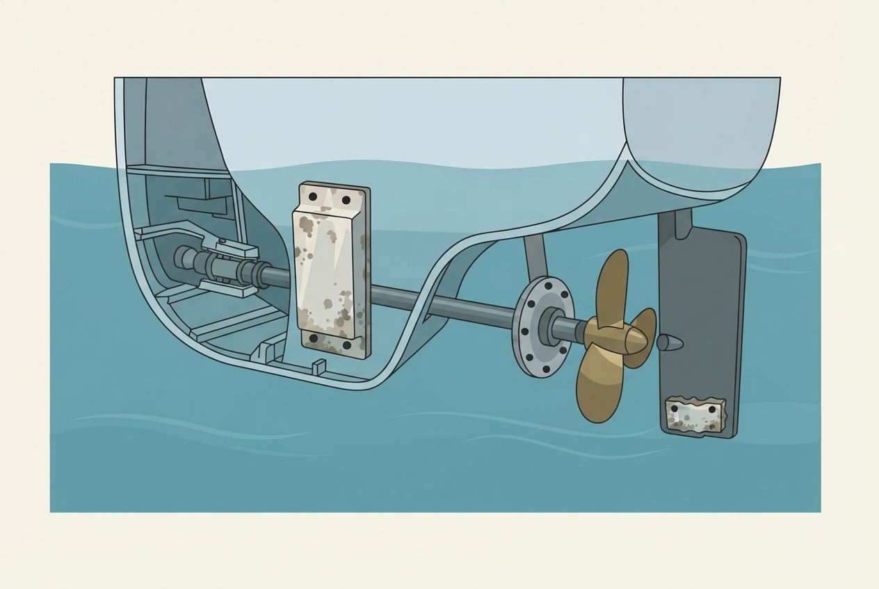 Illustrated diagram of a boat hull showing sacrificial zinc anodes on a propeller shaft and hull