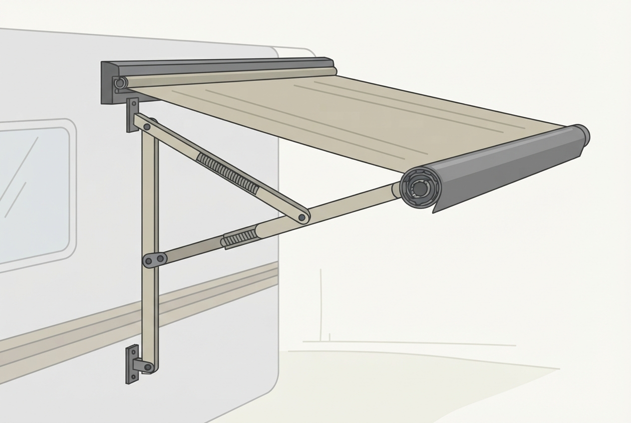 Illustrated diagram of an RV awning showing the arms, roller tube, and fabric attachment rail