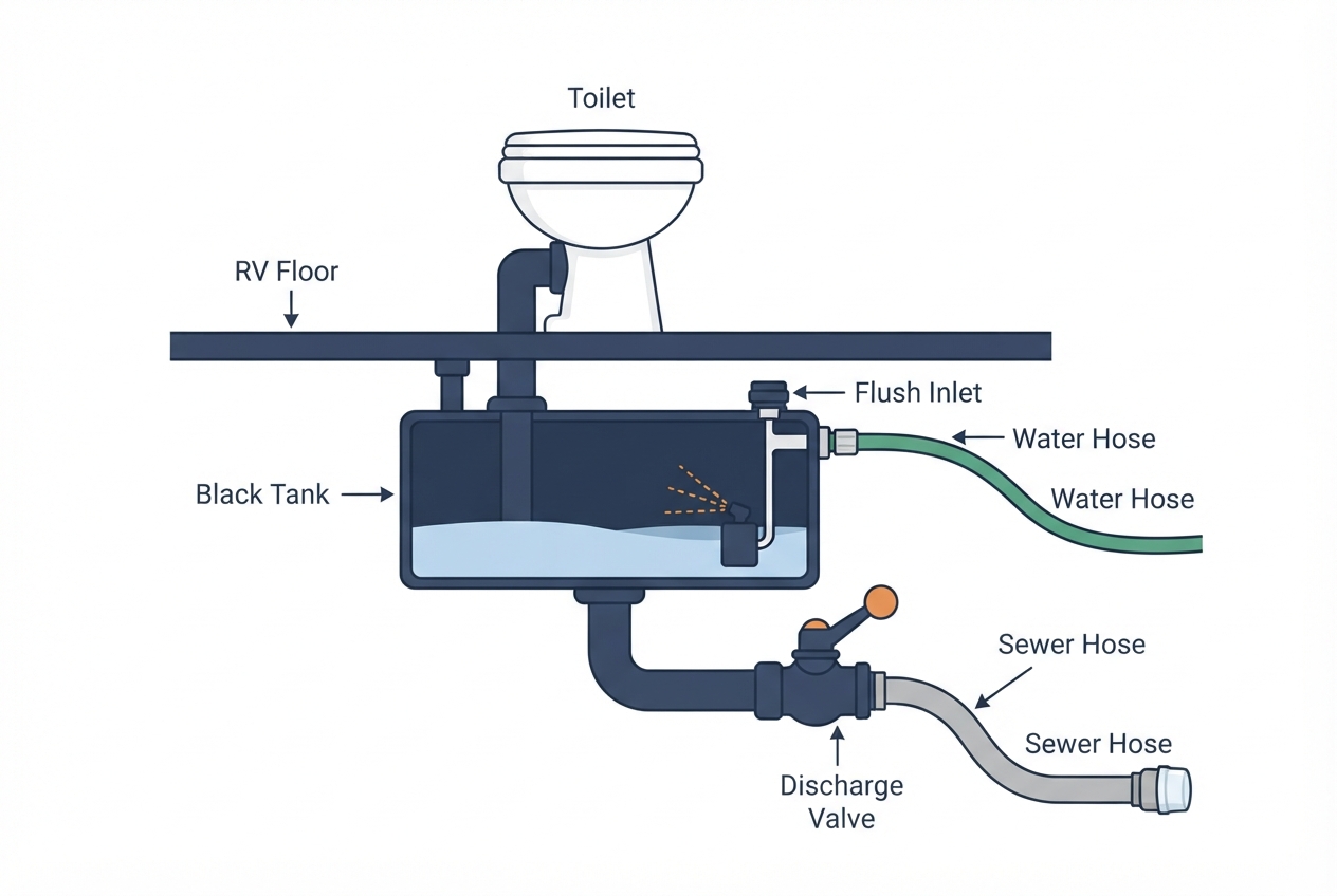 Illustrated cutaway diagram of an RV black tank flush system showing the tank flush inlet, black tank, and valve