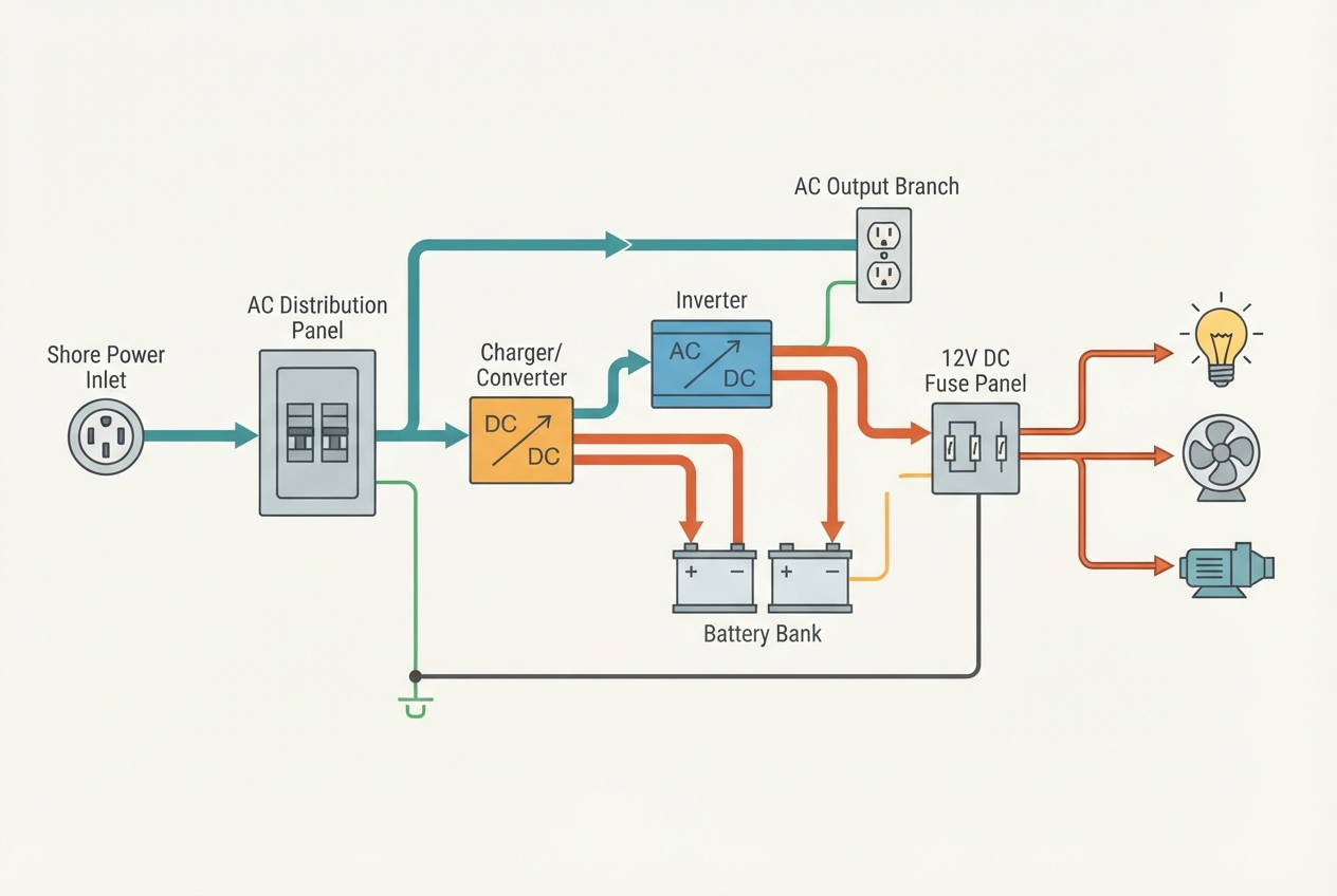 Illustrated schematic diagram of an RV electrical system with a converter, inverter, and battery bank