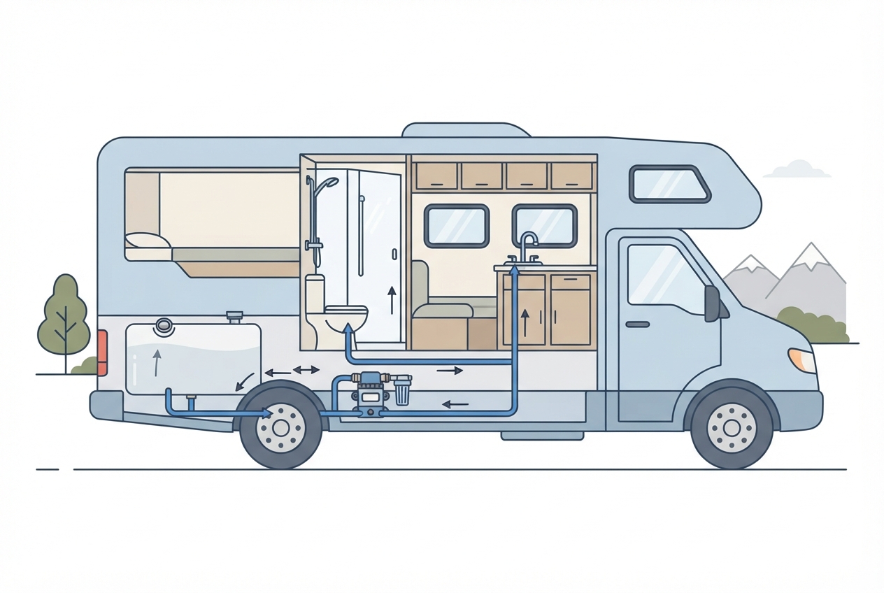 Illustrated diagram of an RV fresh water pump, water lines, and fresh water tank