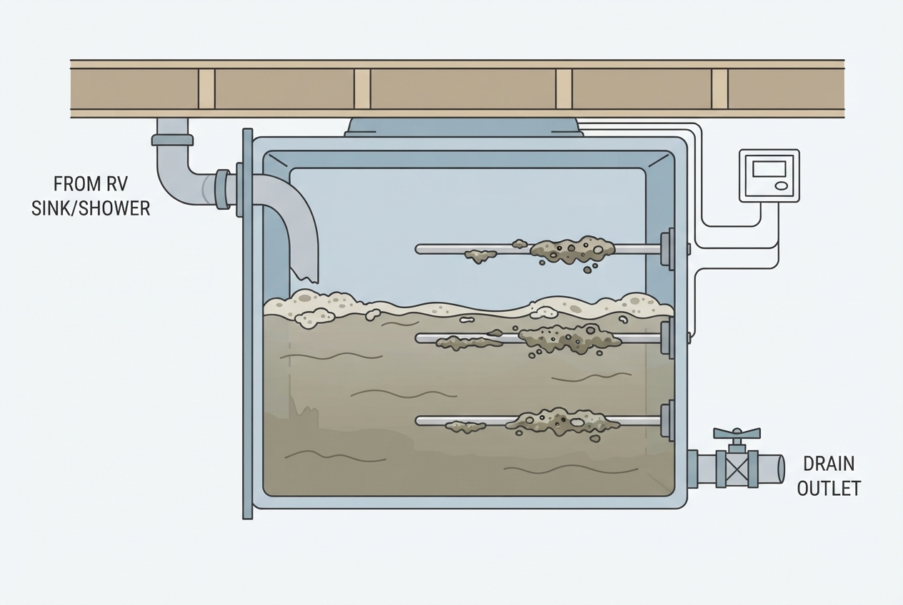 Illustrated diagram of an RV grey water tank with sensor probes coated in residue