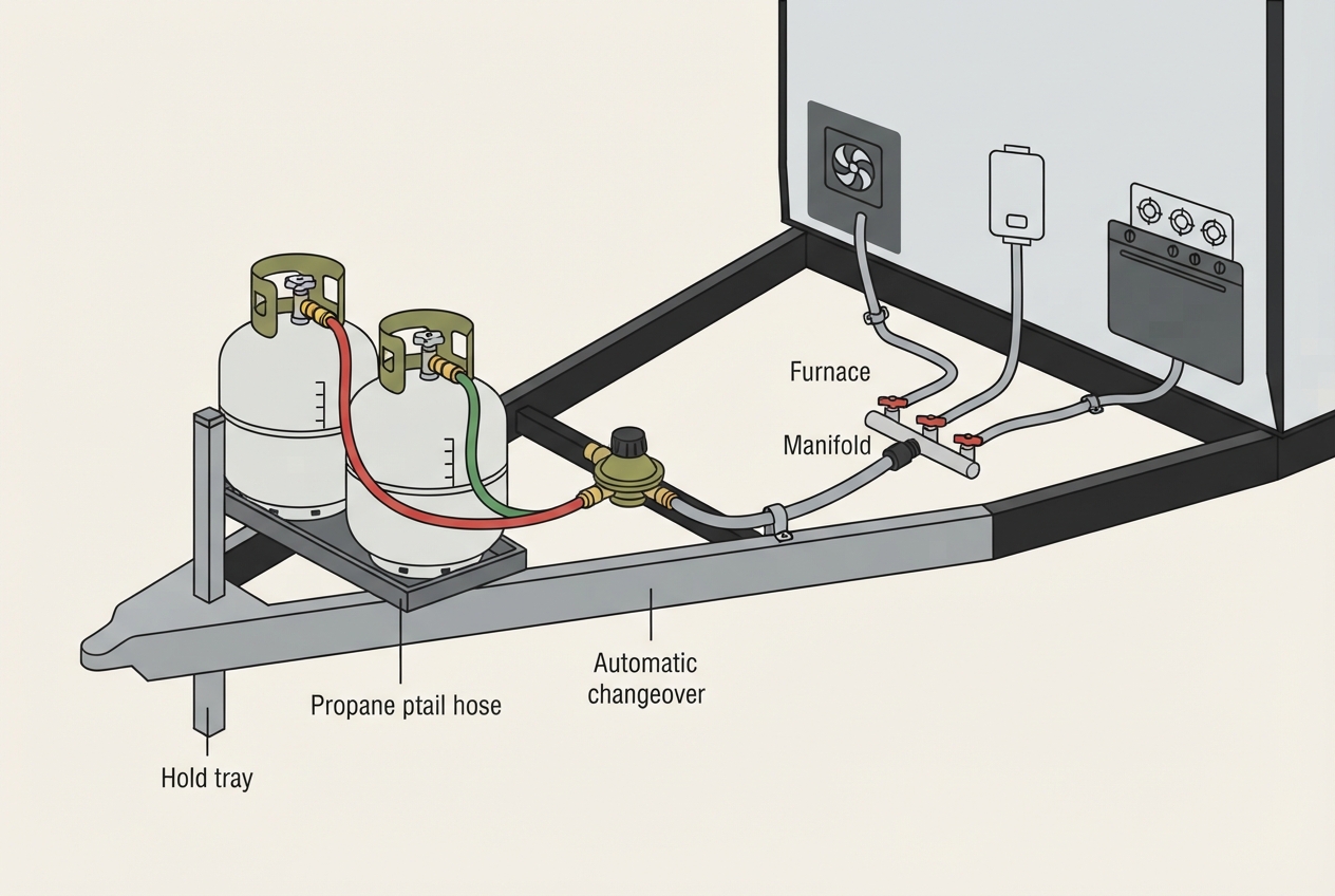Illustrated diagram of an RV propane system showing the tank, regulator, and supply line