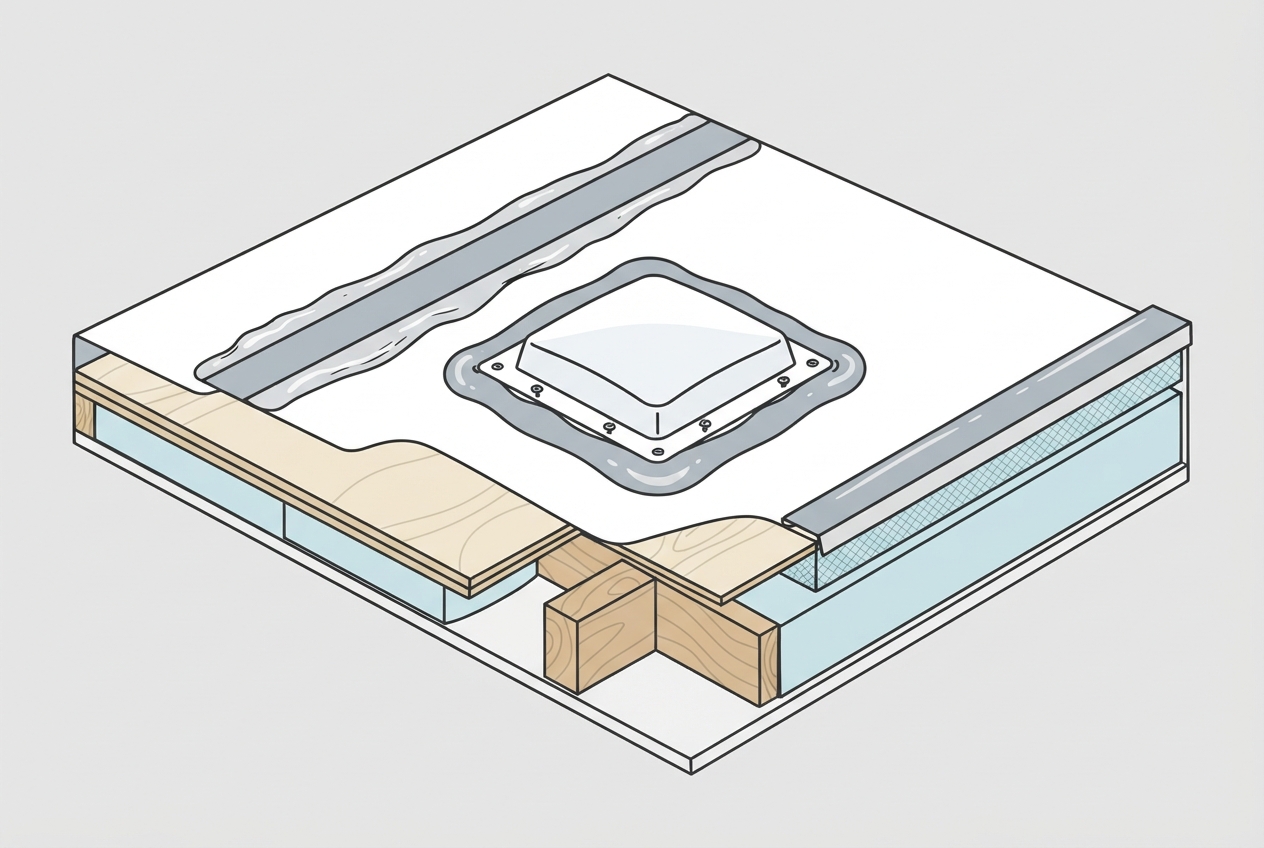 Illustrated diagram of an RV roof showing seams, a vent flange, and sealant application points