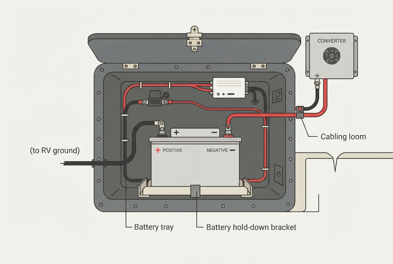 Illustrated diagram of an RV battery compartment showing the battery, terminals, and charging wires