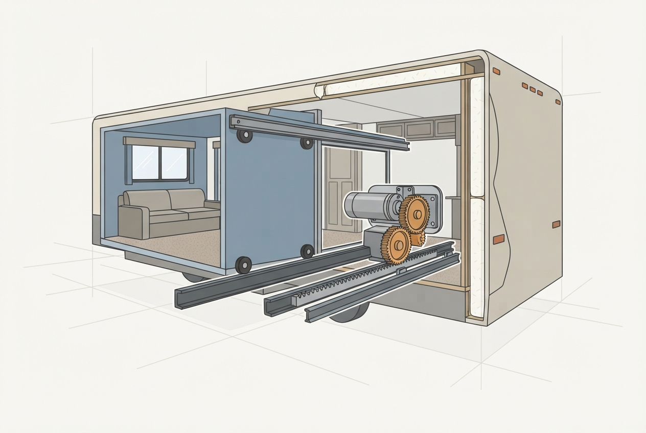 Illustrated diagram of an RV slide-out room showing the motor, gear mechanism, and track rails