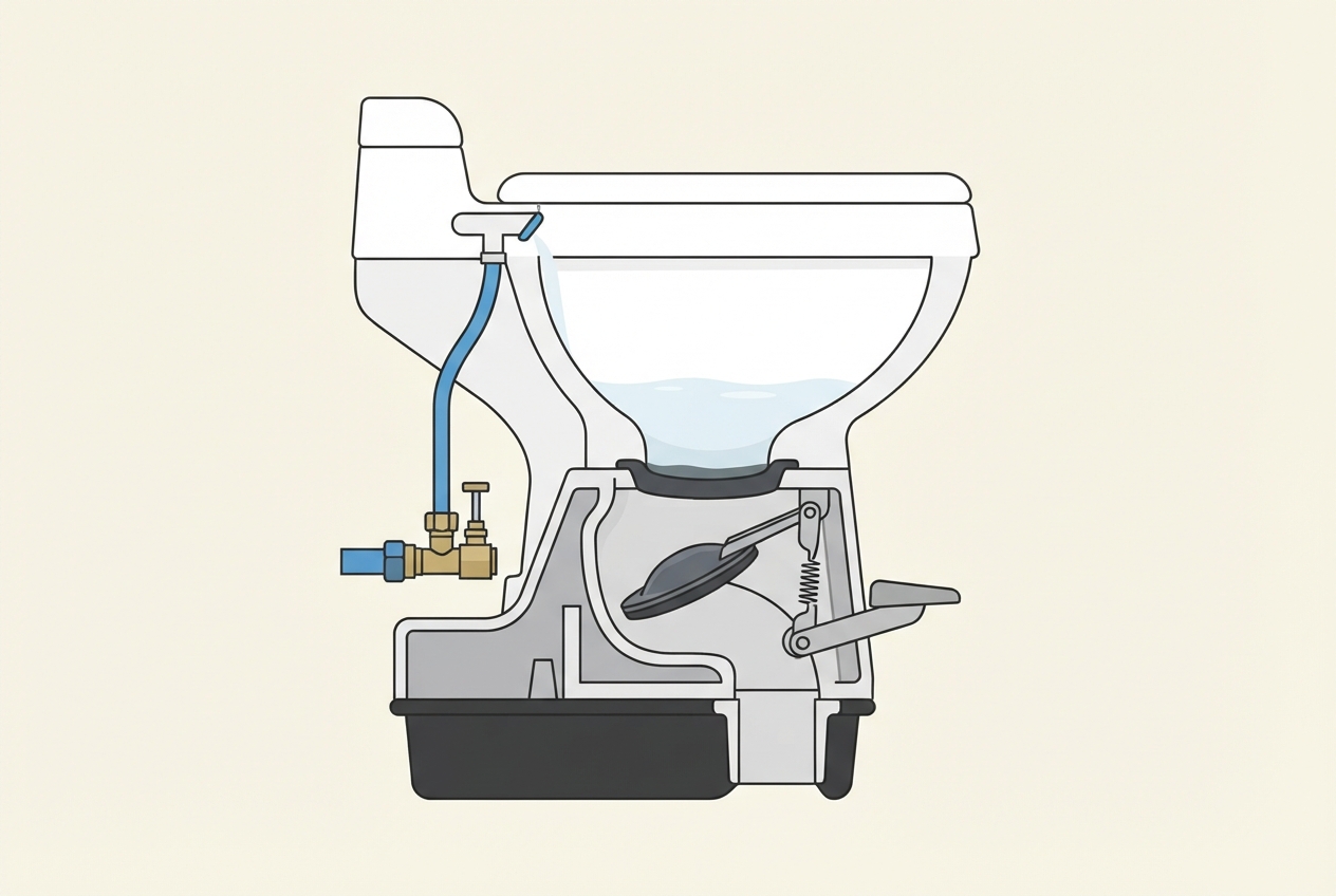 Illustrated diagram of an RV toilet showing the flapper valve, water valve, and base seal