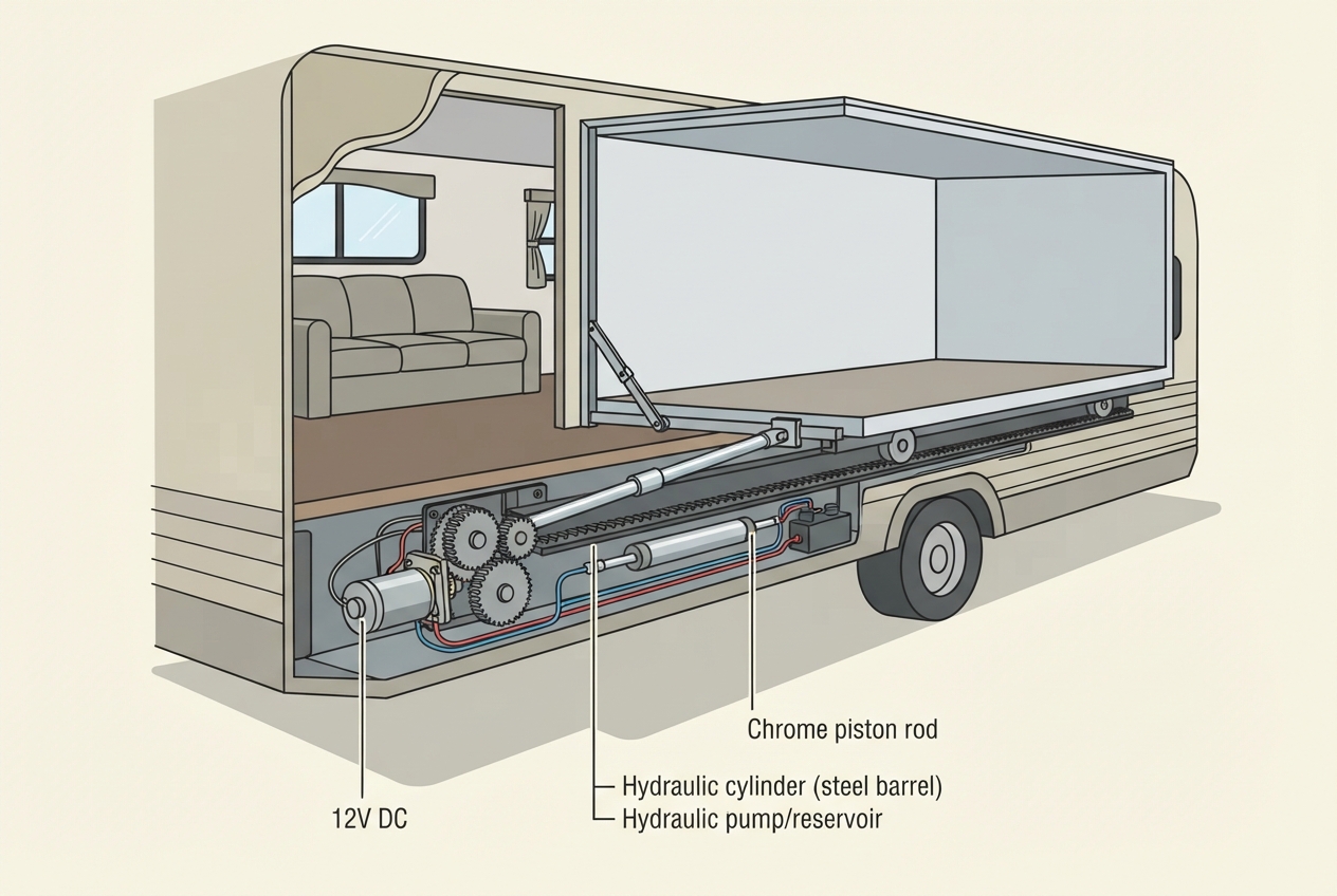 Illustrated diagram of an RV slide-out room showing an electric motor, hydraulic ram, and track rails