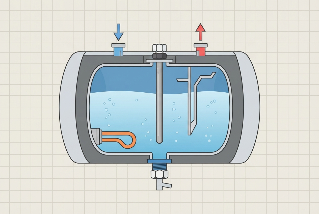 Illustrated diagram of an RV water heater tank showing the anode rod, tank, and drain plug